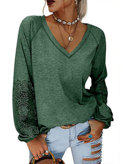 Einfarbiges Pullover-T-Shirt mit V-Ausschnitt und Laternenärmeln