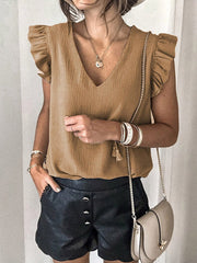 Camiseta lisa con cuello en V y mangas con volantes