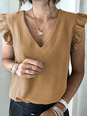 Camiseta lisa con cuello en V y mangas con volantes