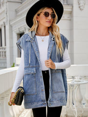 Hooded Sleeveless Denim Top with Pockets