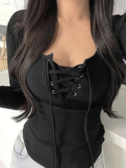 Solid Lace Up Curvy Hem Long Sleeve Knit - HouseofHalley