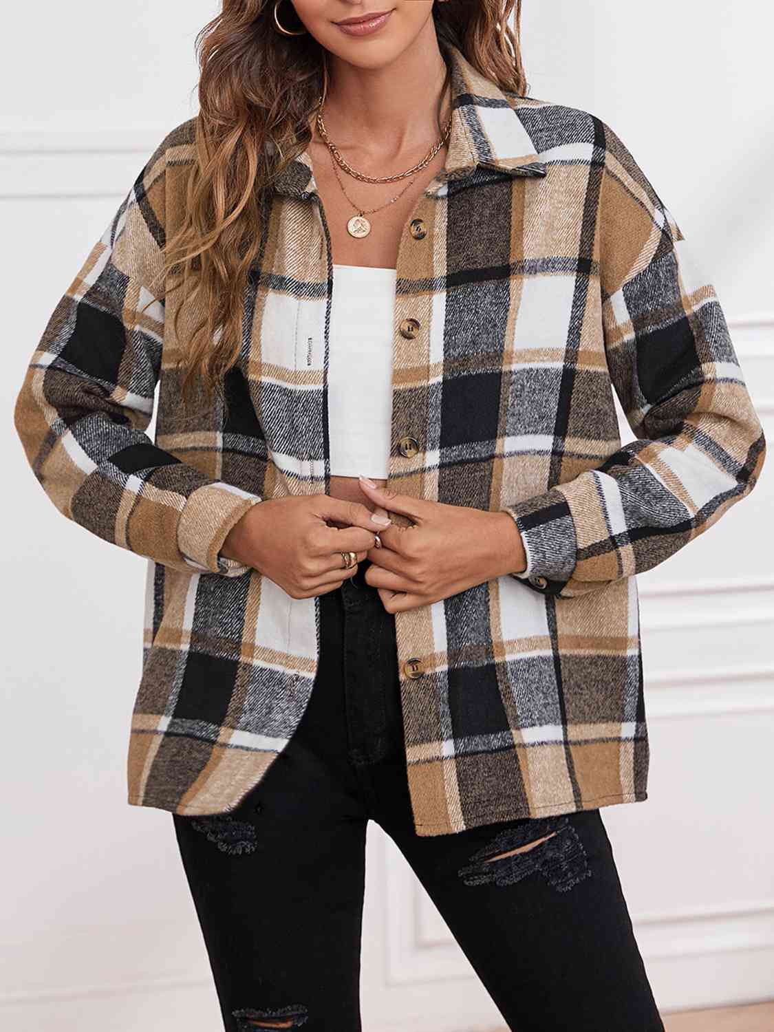 Karierte Button-Down-Jacke mit Kragen