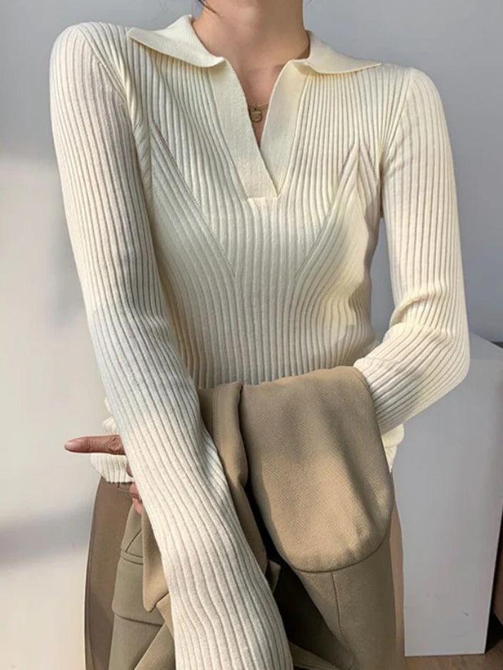 Solid V Neck Ribbed Splice Sweater