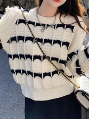 Contrast Color Jacquard Crew Neck Sweater