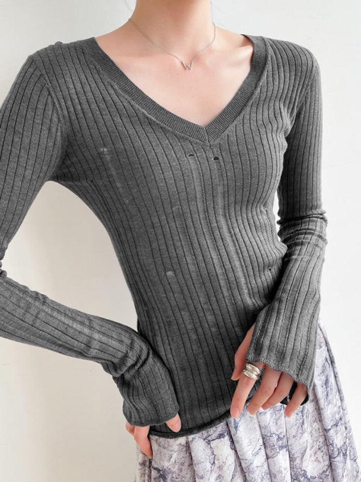 V Neck Slim Cutout Long Sleeve Knit