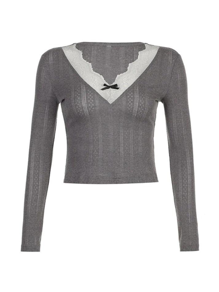 Lace Trim Splice V Neck Long Sleeve Knit