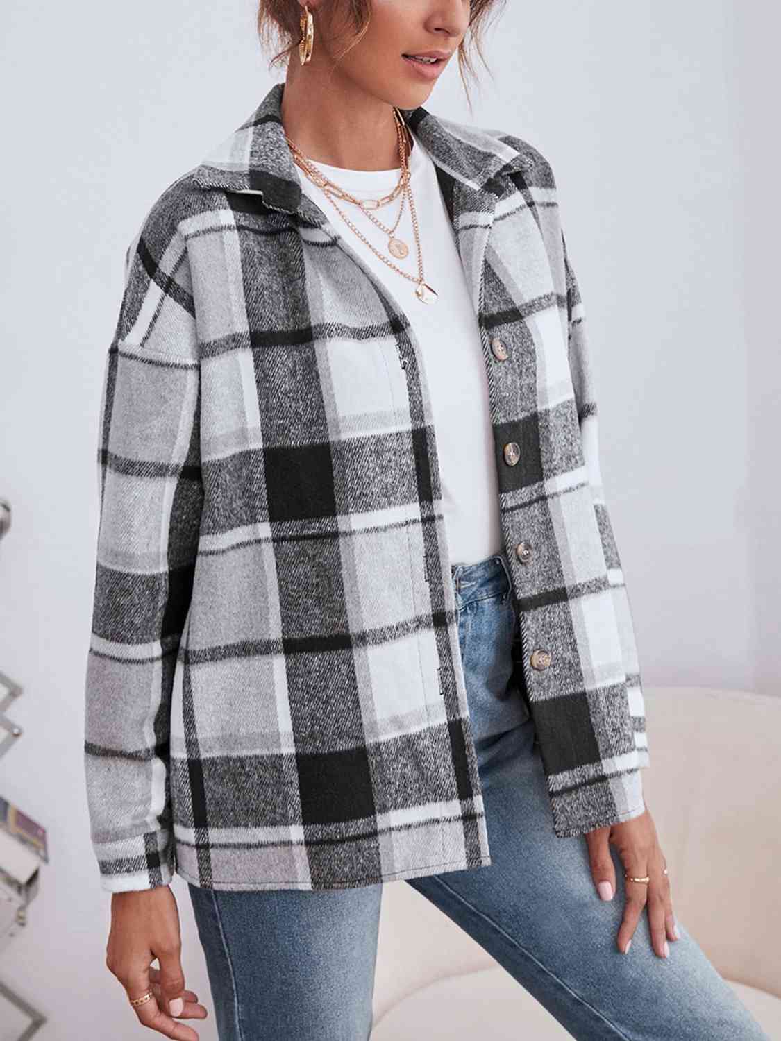 Karierte Button-Down-Jacke mit Kragen