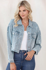 Jeansjacke mit Knopfleiste und Perlenbesatz im Used-Look