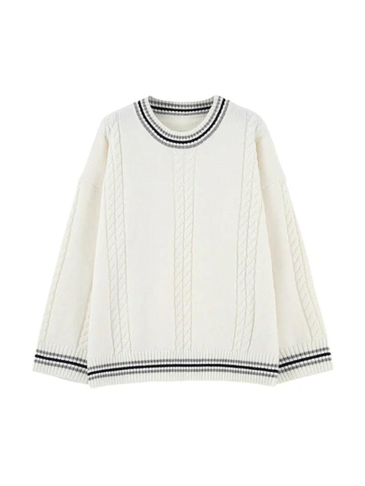 Striped Trim Cable Knit Pullover Sweater