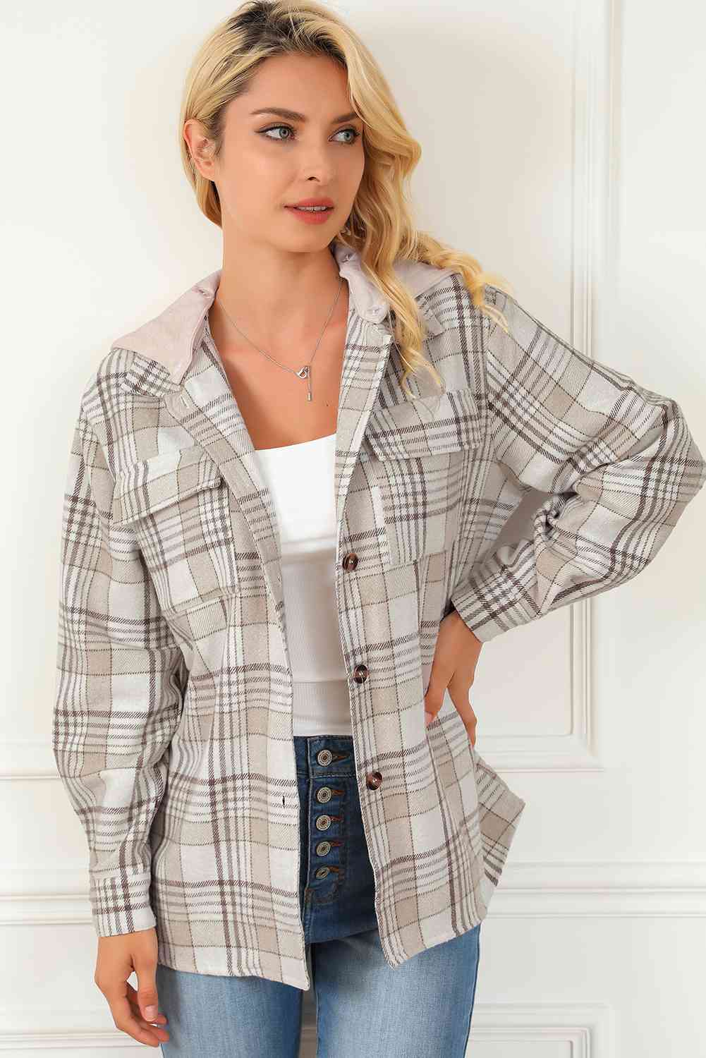 Karierte Button-Down-Kapuzenjacke