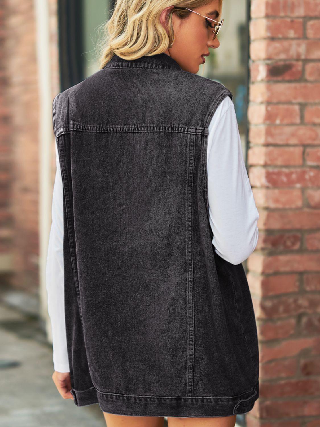 Collared Neck Sleeveless Denim Top with Pockets