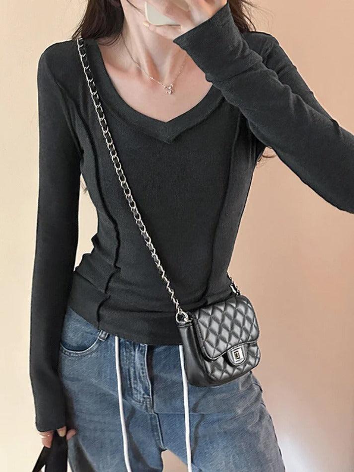 Solid V Neck Seam Detail Slim Long Sleeve Knit