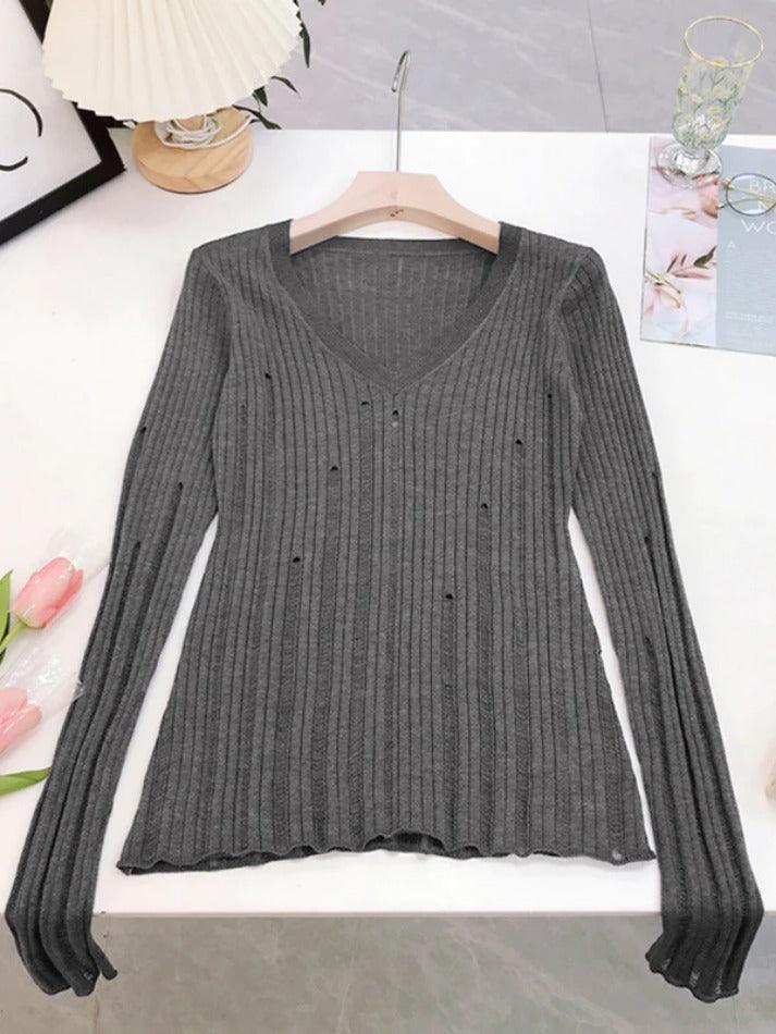 V Neck Slim Cutout Long Sleeve Knit