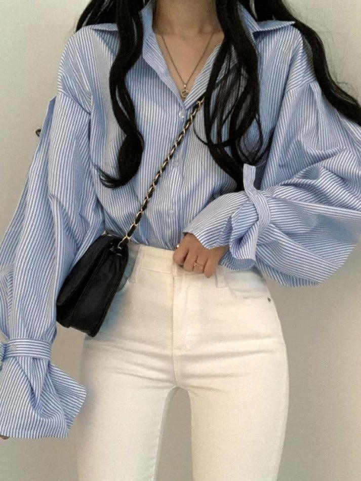 Stripe Lantern Sleeve Long Sleeve Blouse