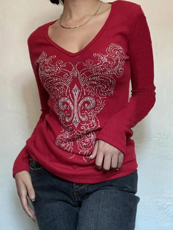 Gothic Rhinestone Print V Neck Long Sleeve Tee - HouseofHalley