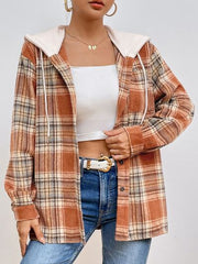 Karierte Kapuzenjacke mit Knopfleiste und Kordelzug