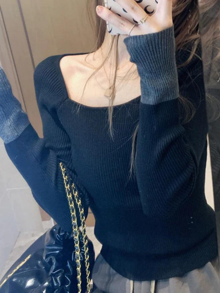 Square Neck Splice Slim Long Sleeve Knit - HouseofHalley