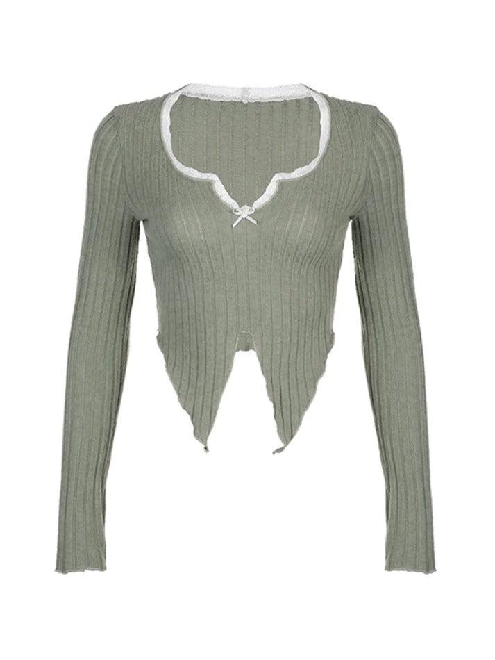 Lace Trim Notch Neck Irregular Cropped Long Sleeve Knit