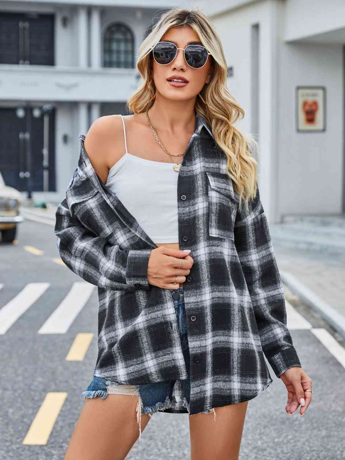 Karierte Button-Down-Jacke mit Kragen