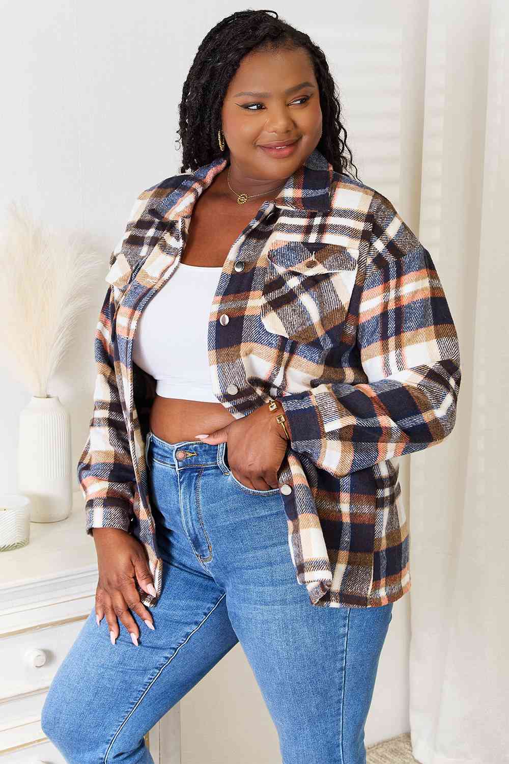 Double Take – Karierte Hemdjacke mit Knopfleiste vorne und Brusttaschen