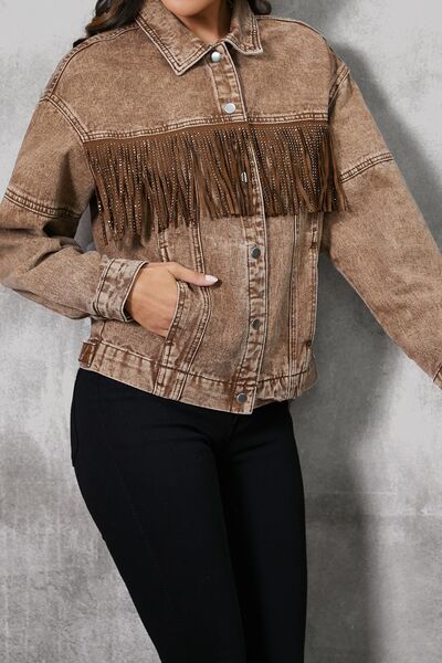 Jeansjacke mit Fransenbesatz und Druckknöpfen