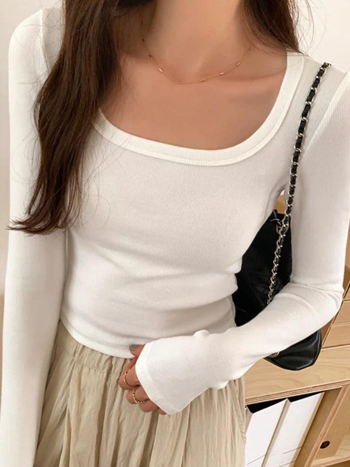 Solid Square Neck Rib Slim Long Sleeve Knit - HouseofHalley