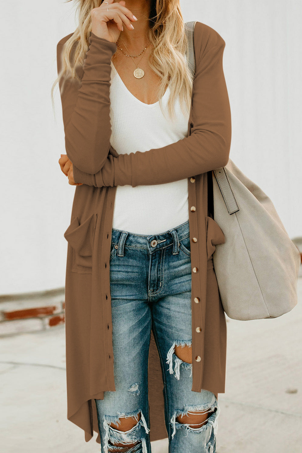 V-Neck Long Sleeve Cardigan with Pocket