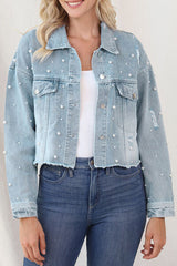 Jeansjacke mit Knopfleiste und Perlenbesatz im Used-Look