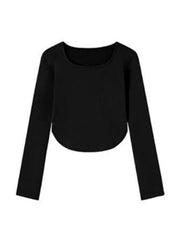 Solid Square Neck Curvy Hem Long Sleeve Tee - HouseofHalley