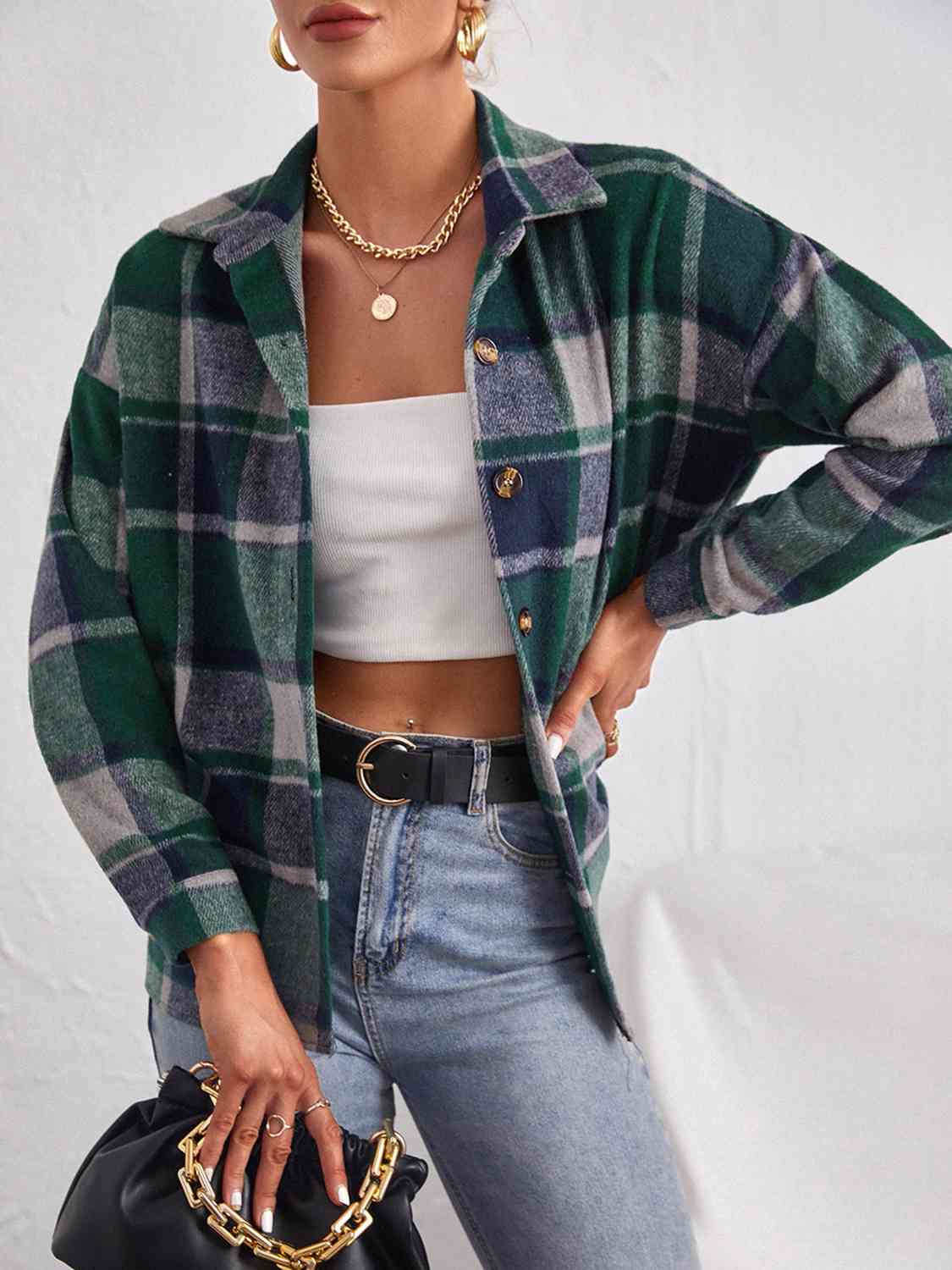 Karierte Button-Down-Jacke mit Kragen