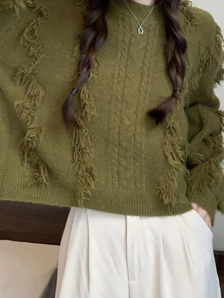 Solid Tassel Cable Knit Sweater