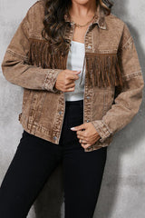 Jeansjacke mit Fransenbesatz und Druckknöpfen