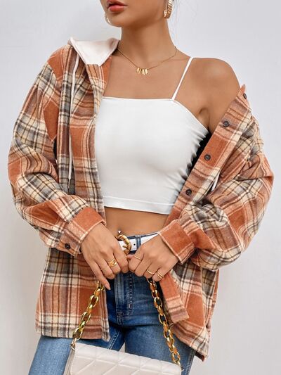 Karierte Kapuzenjacke mit Knopfleiste und Kordelzug
