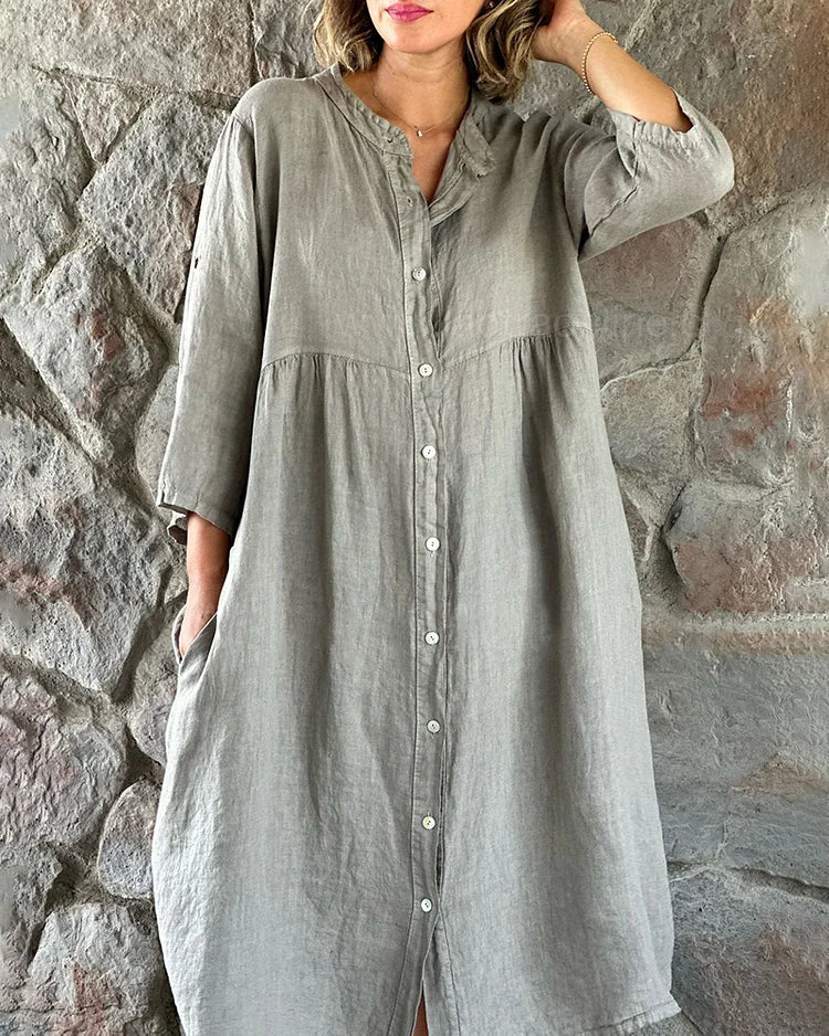 Loose-fitting shirt dress in cotton and linen
