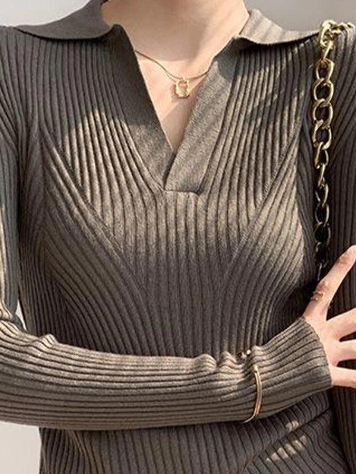 Solid V Neck Ribbed Splice Sweater