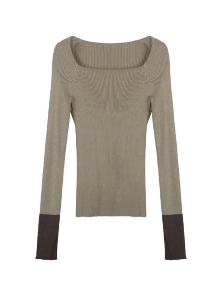 Square Neck Splice Slim Long Sleeve Knit