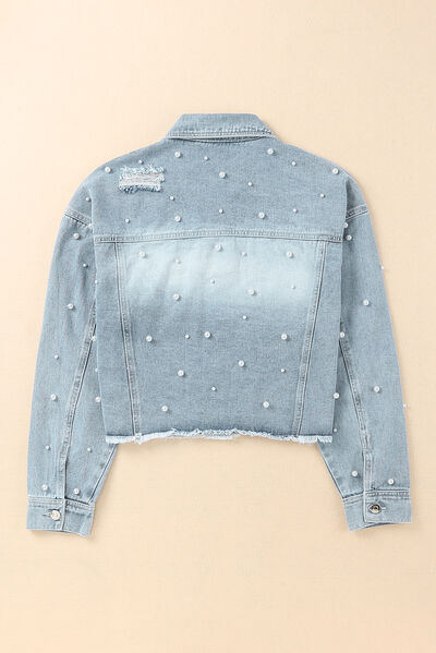 Jeansjacke mit Knopfleiste und Perlenbesatz im Used-Look