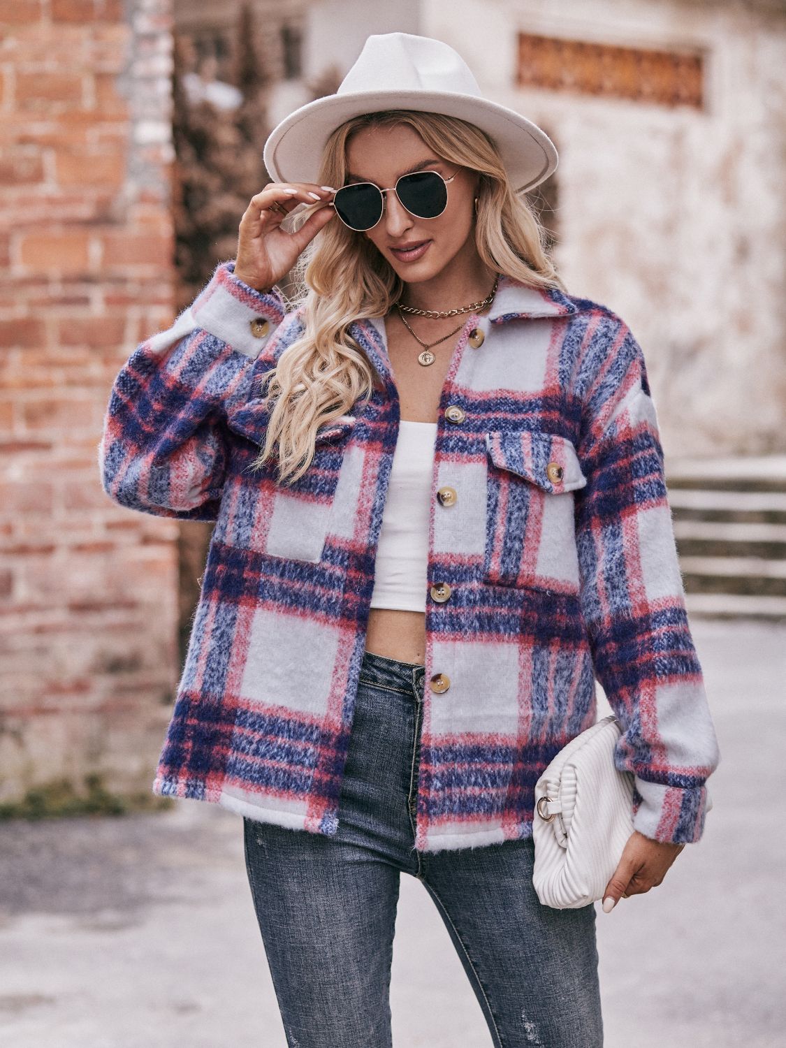 Karierte Jacke mit überschnittenen Schultern und Kragen