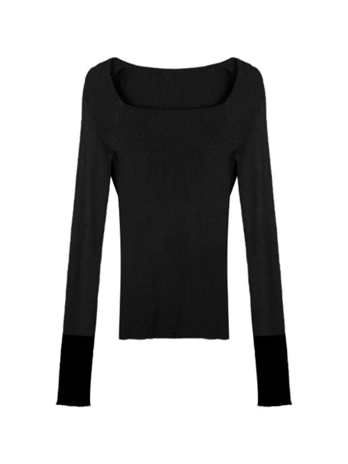 Square Neck Splice Slim Long Sleeve Knit