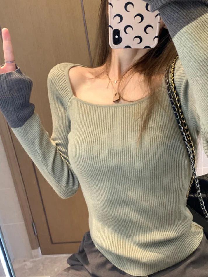 Square Neck Splice Slim Long Sleeve Knit