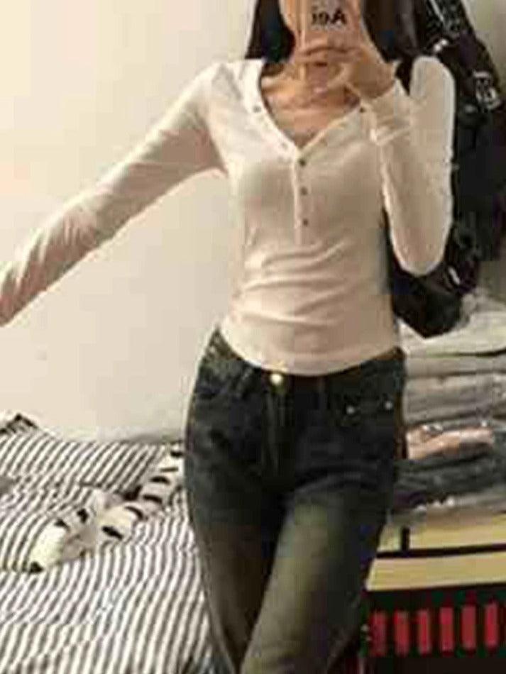 Solid V Neck Snap Button Slim Long Sleeve Knit - HouseofHalley