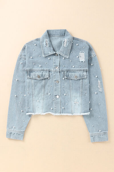 Jeansjacke mit Knopfleiste und Perlenbesatz im Used-Look