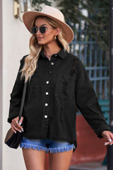 Distressed-Jeansjacke mit Knopfleiste und offenem Saum