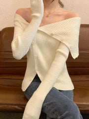 Solid Irregular Lapel Neck Off Shoulder Long Sleeve Knit - HouseofHalley