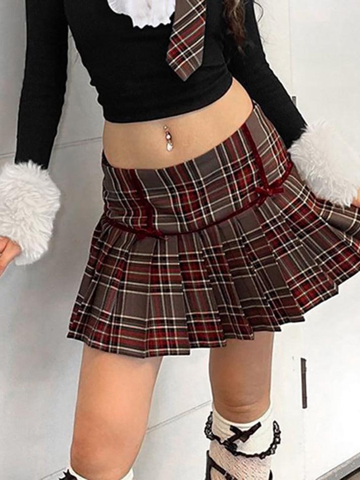 Low Rise Plaid Bow Accent Mini Pleat Skirt