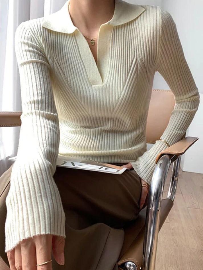 Solid V Neck Ribbed Splice Sweater - HouseofHalley