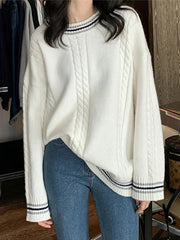 Striped Trim Cable Knit Pullover Sweater