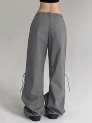 Low Waist Plain Drawstring Loose-Fit Wide-Leg Cargo Pants