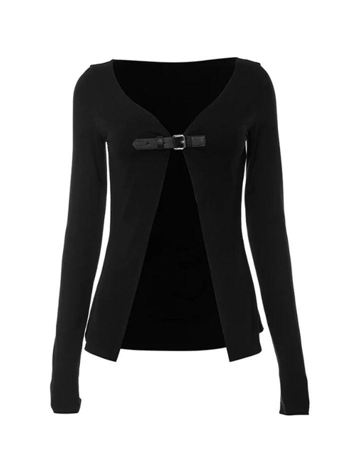 V Neck Belted Buckle Slit Cropped Long Sleeve Tee