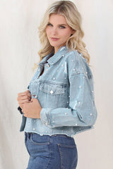 Jeansjacke mit Knopfleiste und Perlenbesatz im Used-Look